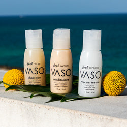 VASO's REFILLABLE Travel Set ~ feel CLEAN shampoo, feel SMOOTH conditioner, feel REPAIRED serum (1oz each)